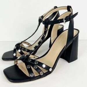 Marc Fisher Quilon Studded Heeled Sandal Women's Block T-Strap Black 8.5 NWOT